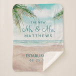 Island Breeze Beach the New Mr. & Mrs. Newlyweds Sherpa Blanket<br><div class="desc">Island Breeze Painted Beach Scene, with Ocean Waves, Sandy Beach, and Palm Trees, with a beautiful teal blue sky. With Modern Typography Script Fonts. A Summer Tropical Beach, Or destination wedding design - personalised The new Mr. & Mrs. Name written in the stars & Date, Monogram Newlywed Keepsake Sherpa Blanket!...</div>