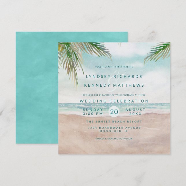 Island Breeze Ocean Beach Scene Wedding Square Invitation (Front/Back)