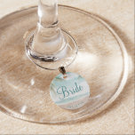 Island Breeze Painted Beach Bride Personalised Wine Charm<br><div class="desc">Island Breeze Painted Beach Scene, with Ocean Waves, Sandy Beach, and Palm Trees, with a beautiful teal blue sky. With Modern Typography Script Fonts. A Summer Tropical Beach, Or destination wedding design - Personalised Bride Monogrammed Wine Glass Charm! ~ Check my shop to see the entire wedding suite for this...</div>