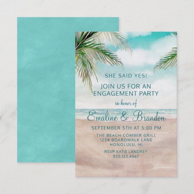 Island Breeze Painted Beach Scene Engagement Party Invitation (Front/Back)