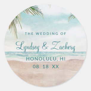 Island Breeze Painted Beach Scene Monogram Wedding Classic Round Sticker
