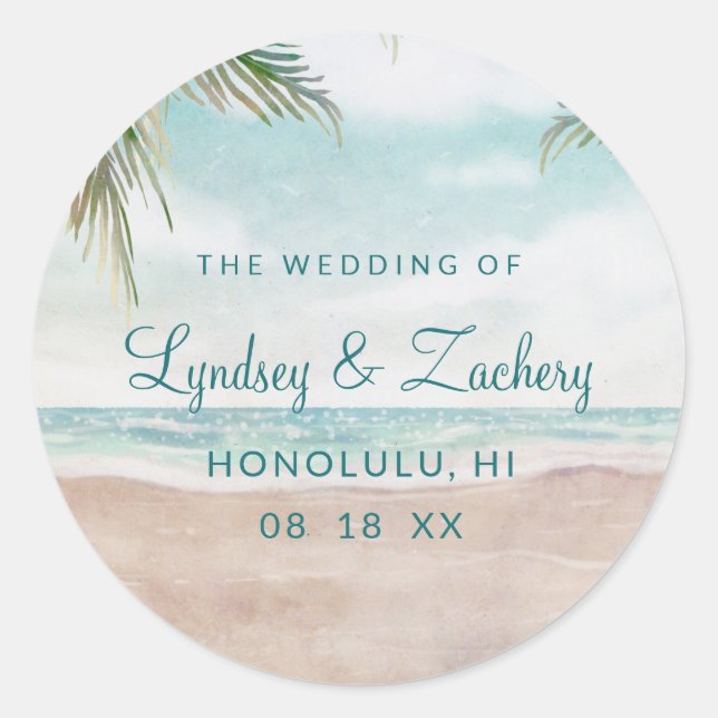 Island Breeze Painted Beach Scene Monogram Wedding Classic Round Sticker (Front)