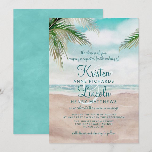 Island Breeze Painted Beach Scene Tropical Wedding Invitation (Front/Back)