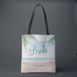 Island Breeze Painted Beach Scene Wedding Bride Tote Bag<br><div class="desc">Island Breeze Painted Beach Scene,  with Ocean Waves,  Sandy Beach,  and Palm Trees,  with a beautiful teal blue sky. With Modern Typography Script Fonts. A Summer Tropical Beach,  Or destination wedding design - Personalised Bride Tote Bags!

 ~ Check my shop to see the entire wedding suite for this design!</div>