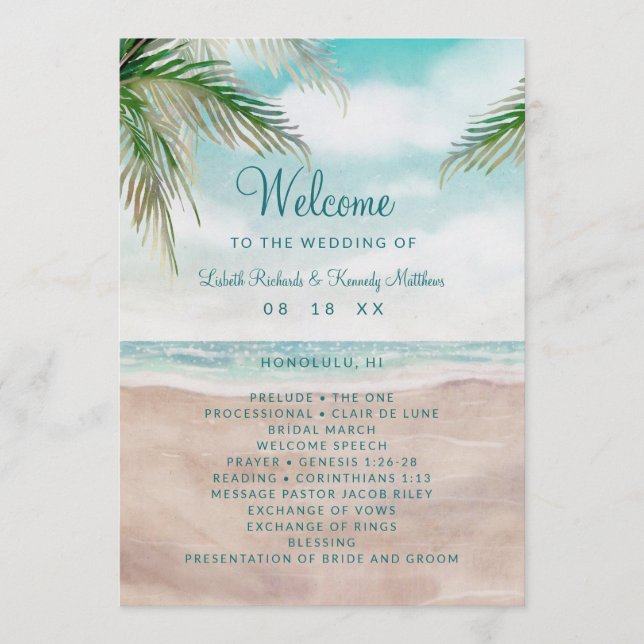Island Breeze Painted Beach Scene Wedding Ceremony Programme (Front)