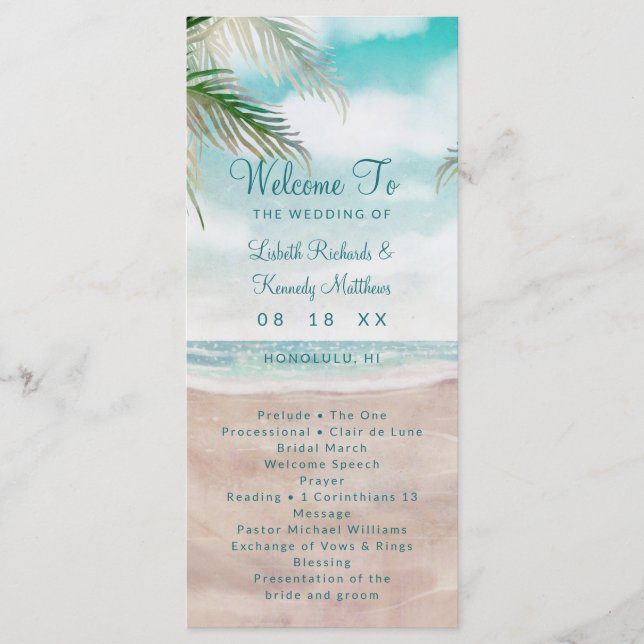 Island Breeze Painted Beach Scene Wedding Ceremony Programme (Front)