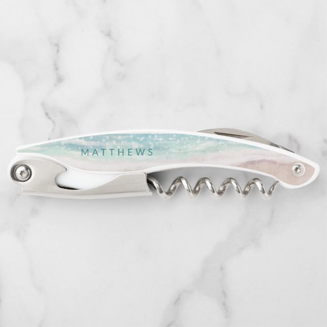 Island Breeze Painted Beach Scene Wedding Monogram Corkscrew (Front)