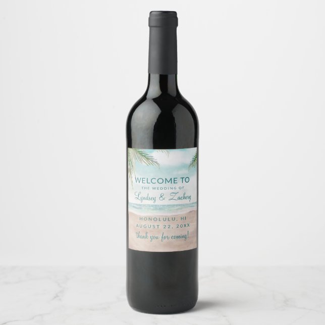 Island Breeze Painted Beach Scene Wedding Welcome Wine Label (Front)
