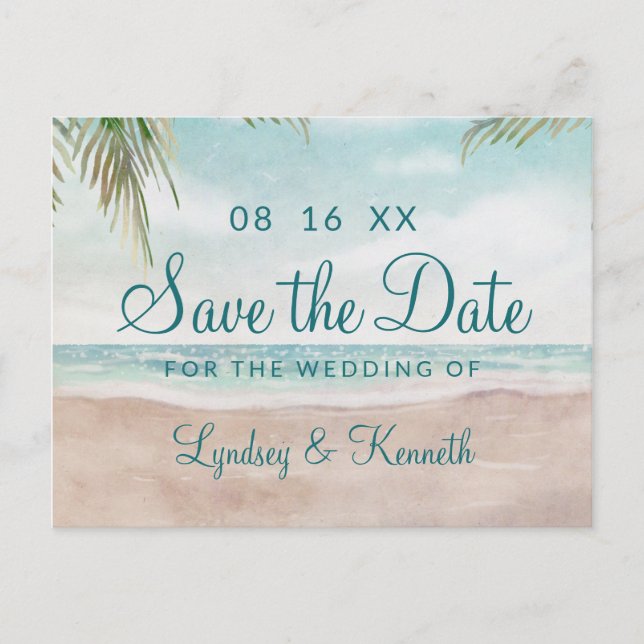 Island Breeze Sandy Beach Scene Save the Date Announcement Postcard (Front)