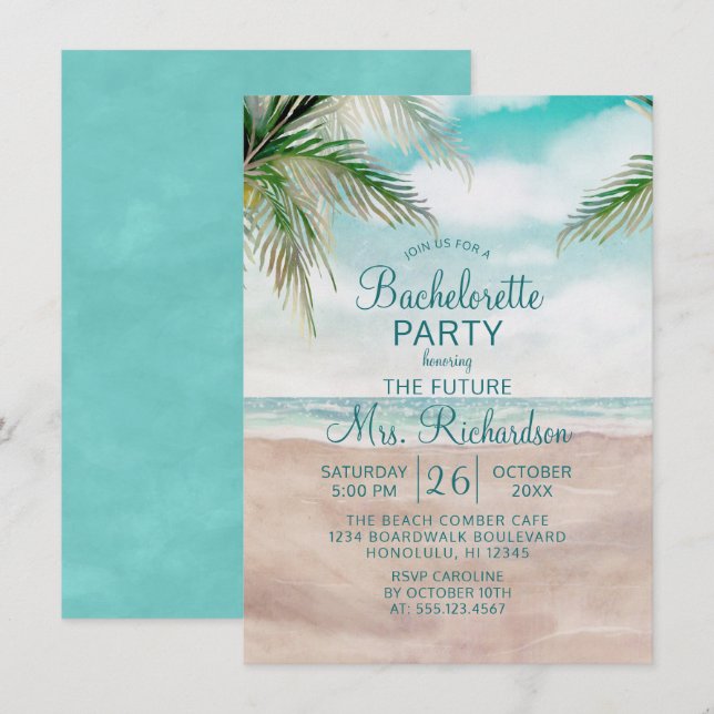 Island Breeze Sandy Beach Shore Bachelorette Party Invitation (Front/Back)