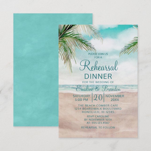 Island Breeze Sandy Beach Wedding Rehearsal Dinner Invitation (Front/Back)