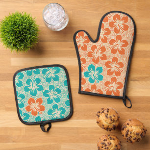 Island Floral Hawaiian Hibiscus Pinstriped Orange Oven Mitt & Pot Holder Set