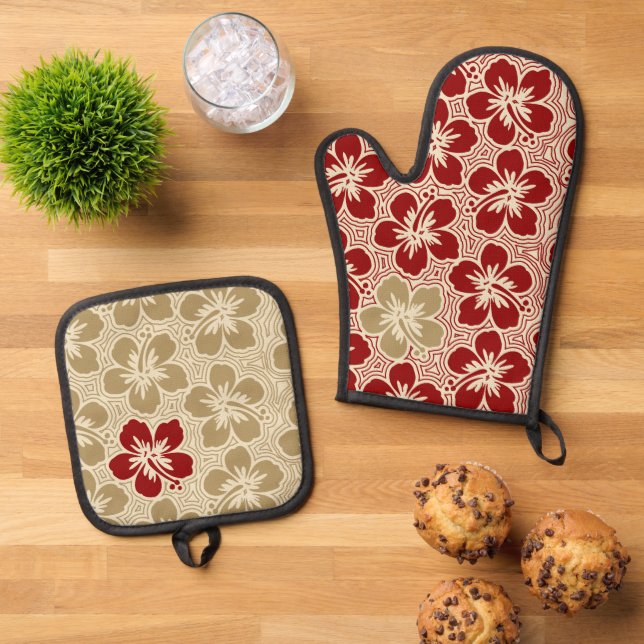 Island Floral Hawaiian Hibiscus Pinstriped Red Oven Mitt & Pot Holder Set (Top Down)