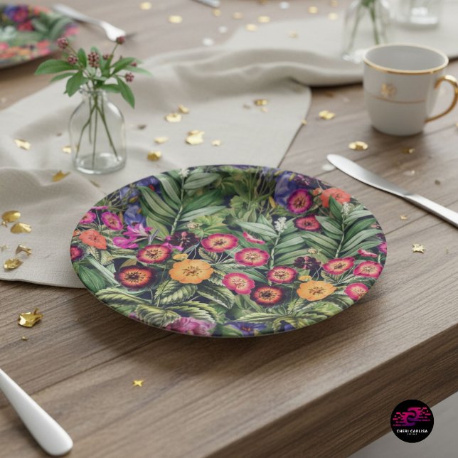 Island Floral Pink Meadow Paper Plate (Tropical florals take the plate, bold color and detail front and center the moment it lands.)
