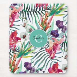 Island Floral Tropical Pattern with Monogram Mouse Mat