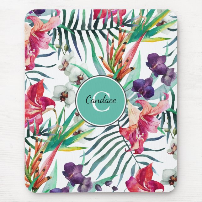 Island Floral Tropical Pattern with Monogram Mouse Mat (Front)