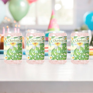 Island Flowers and Monstera Leaves Personalised Can Glass