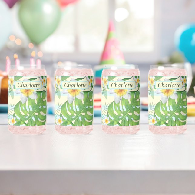 Island Flowers and Monstera Leaves Personalised  Can Glass (Insitu (Birthday))