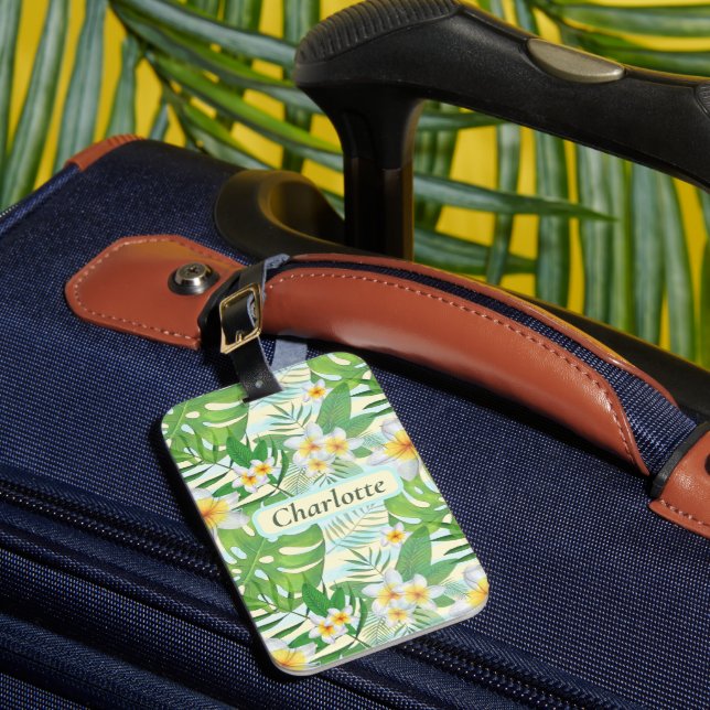Island Flowers and Monstera Leaves Personalised  Luggage Tag (Front Insitu 1)