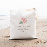 Island Hibiscus Destination Wedding Favour Tote Bag<br><div class="desc">Island chic wedding tote bags make great welcome bags or favours for your destination wedding or Hawaii wedding! Tropical design features a single hibiscus flower in vibrant coral with soft green leaves,  with your names,  wedding date and wedding location beneath in dark taupe block and script lettering.</div>