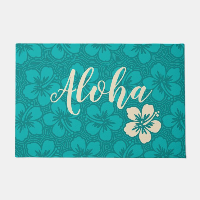 Island Hibiscus Hawaiian Pinstriped Floral Aloha Doormat (Front)