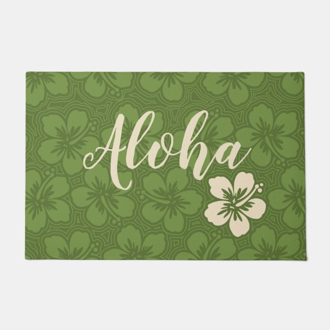 Island Hibiscus Hawaiian Pinstriped Floral Aloha Doormat (Front)