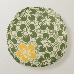 Island Hibiscus Hawaiian Pinstriped Reversible Round Cushion