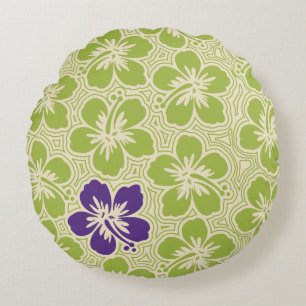 Island Hibiscus Hawaiian Pinstriped Reversible Round Cushion