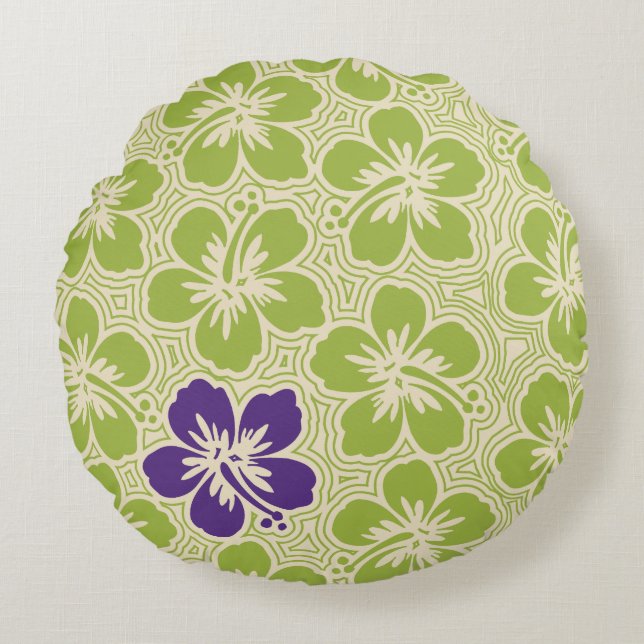 Island Hibiscus Hawaiian Pinstriped Reversible Round Cushion (Front)