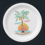 Island Holiday Tropical Beach Palm Christmas Paper Plate<br><div class="desc">Tropical beach theme Christmas paper plates feature a watercolor island in the sun with a palm tree decorated with string lights and ornaments,  and a  "happy holidays" greeting. The lower line of text can be personalised (shown here with "thanks for celebrating with us"). Art by KL Stock</div>