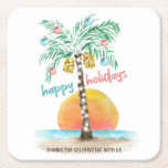 Island Holiday Tropical Beach Palm Christmas Square Paper Coaster<br><div class="desc">Tropical beach theme Christmas paper coasters feature a watercolor island in the sun with a palm tree decorated with string lights and ornaments,  and a  "happy holidays" greeting. The lower line of text can be personalised (shown here with "thank you for celebrating with us").  Art by KL Stock</div>