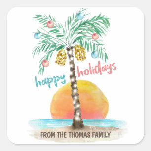 Island Holiday Tropical Beach Palm Christmas Square Sticker