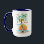 Island Holiday Tropical Beach Palm Tree Christmas Mug<br><div class="desc">Tropical beach theme Christmas mug features an island in the sun with a palm tree decorated with string lights and ornaments and a "happy holidays" greeting. The lower line of text can be personalised with a name or greeting of your own. Art by KL Stock</div>