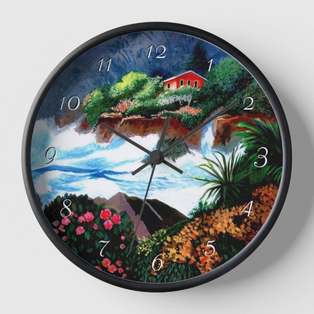 Island Home with Crashing Surf Round Clock (Front)