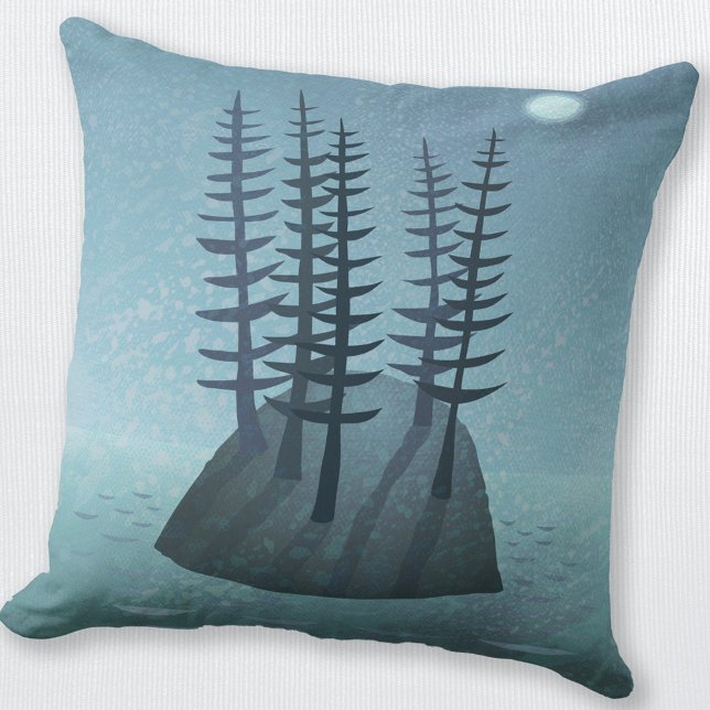 Island in the Ocean Art Cushion (Island with Pine Trees and a moonlit ocean art throw pillow)