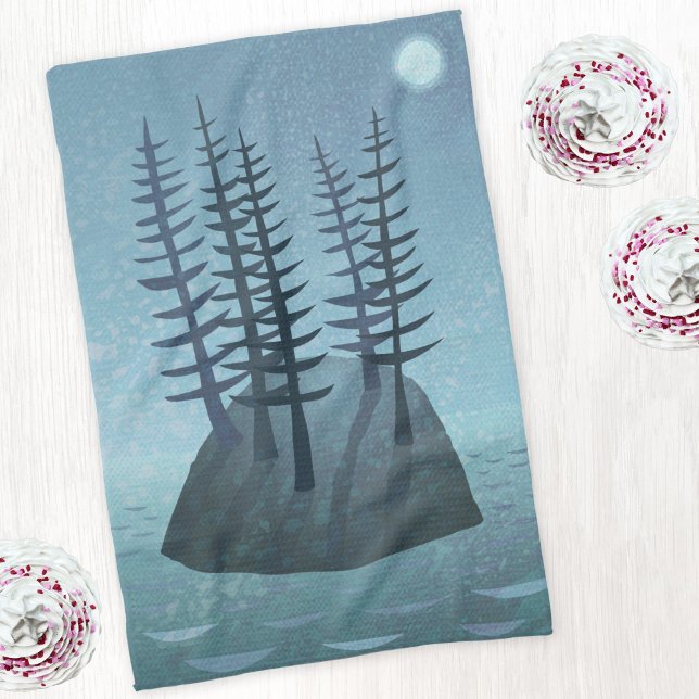 Island in the Ocean Art Tea Towel (Island with pine trees art kitchen tea towel)