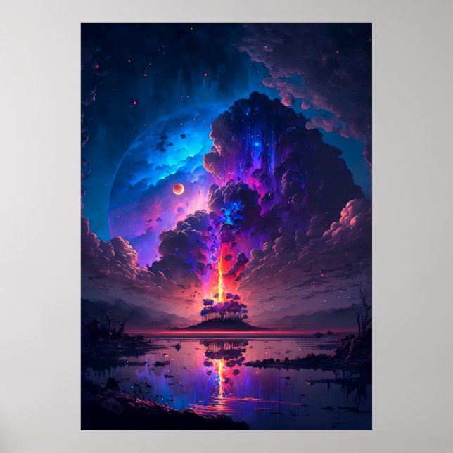 Island Lake with dramatic Purple Blue Sky Planet Poster (Front)