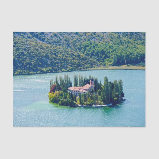 Island of Visovac monastery in Krka NP - Croatia Tissue Paper (Front)