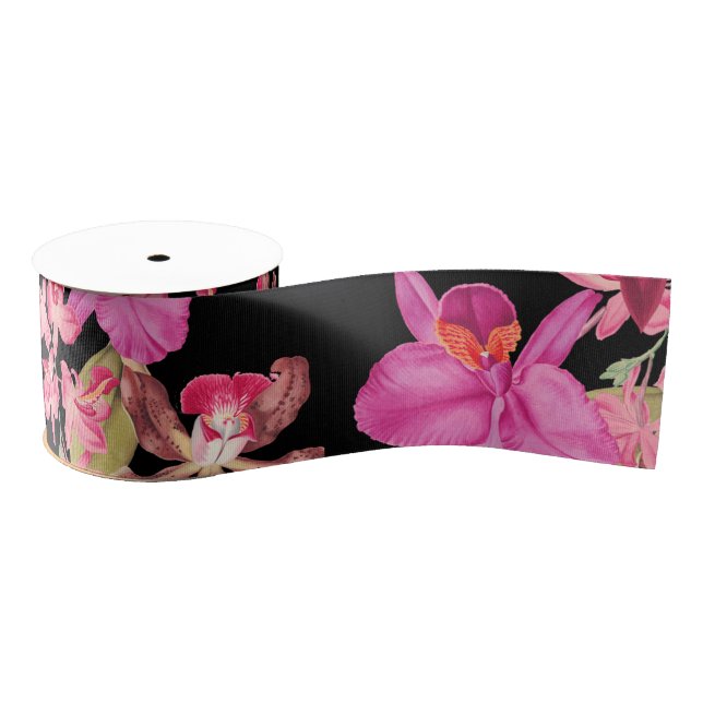 Island Orchid Floral Flowers Tropical Ribbon Grosgrain Ribbon (Spool)