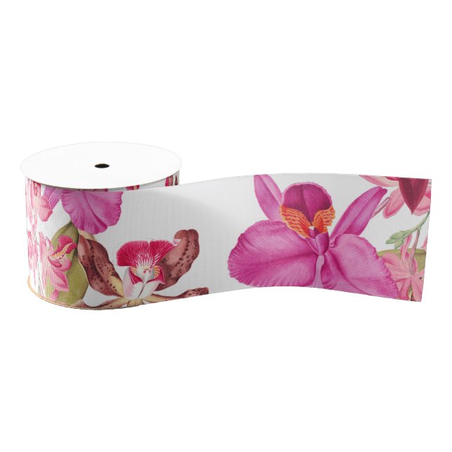 Island Orchid Floral Flowers Tropical Ribbon Grosgrain Ribbon (Spool)