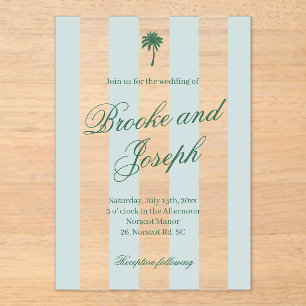 Island Palm Stripe Cabana Beach Retro blue wedding Acrylic Invitations