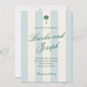 Island Palm Stripe Cabana Beach Retro blue wedding Invitation