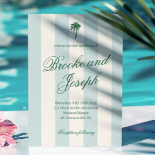Island Palm Stripe Cabana Beach Retro blue wedding Invitation