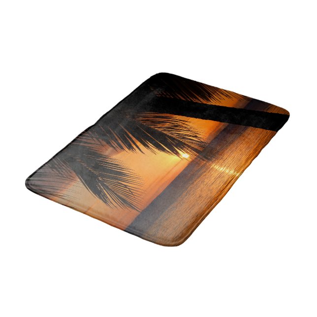 Island Palm Tree Over Orange Sunset Beach Scene Bath Mat (Angled)