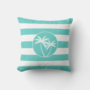 Island Palms Beach Life on Aqua Stripes Pattern Cushion