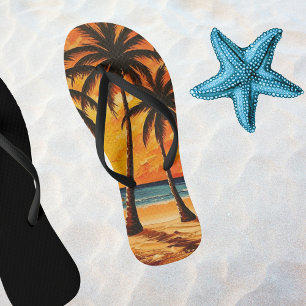 Island Paradise Palm Tree Flip Flops in Warm Sunse