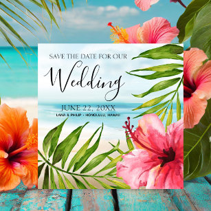 Island Paradise   Palms and Hibiscus Beach Wedding Save The Date