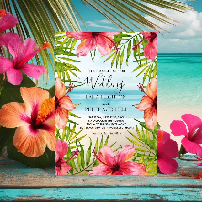Island Paradise Tropical Palm & Hibiscus Wedding Invitation (Creator Uploaded)