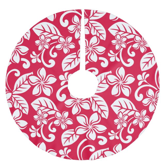 ISLAND PLUMERIA (STRAWBERRY RED) BRUSHED POLYESTER TREE SKIRT (Front)
