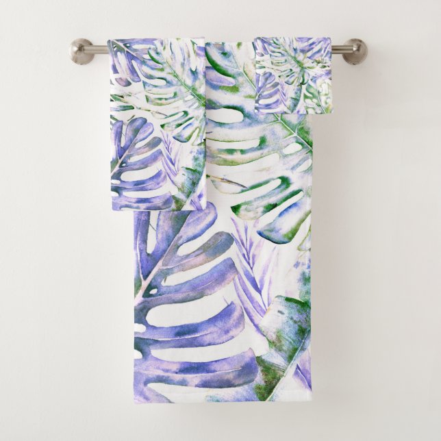 Island Purple Lilac Tropical Palm Leaves Summer Bath Towel Set (Insitu)